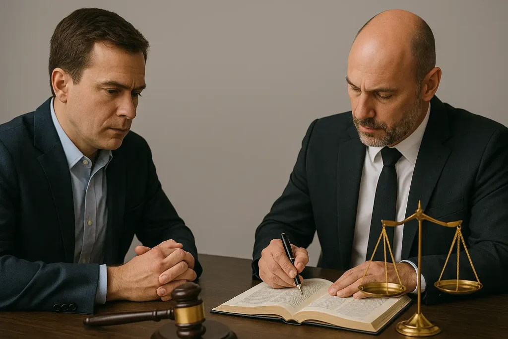 Two professional men in suits engaged in a serious legal consultation, one pointing at an open legal book with a pen, a gavel and scales of justice nearby on a wooden desk, no text visible in the image.