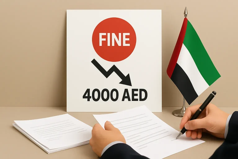 A professional's hands holding and signing documents positioned on the left side of a beige desk. Centered in the middle is a clear red "FINE" circle with a downward arrow and "4000 AED" text below it on a white card. The UAE flag stands on the right side, completing the balanced layout.