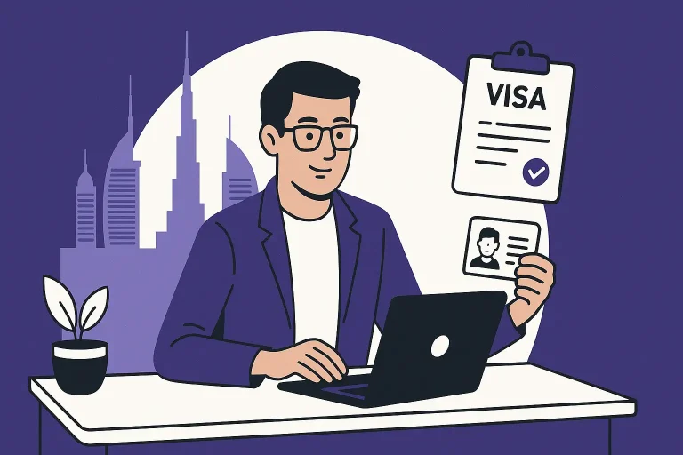A flat-style digital illustration of a man at a desk focused on visa renewal, with the Dubai skyline in the background. He holds an ID card while a clipboard displaying visa details floats beside him.