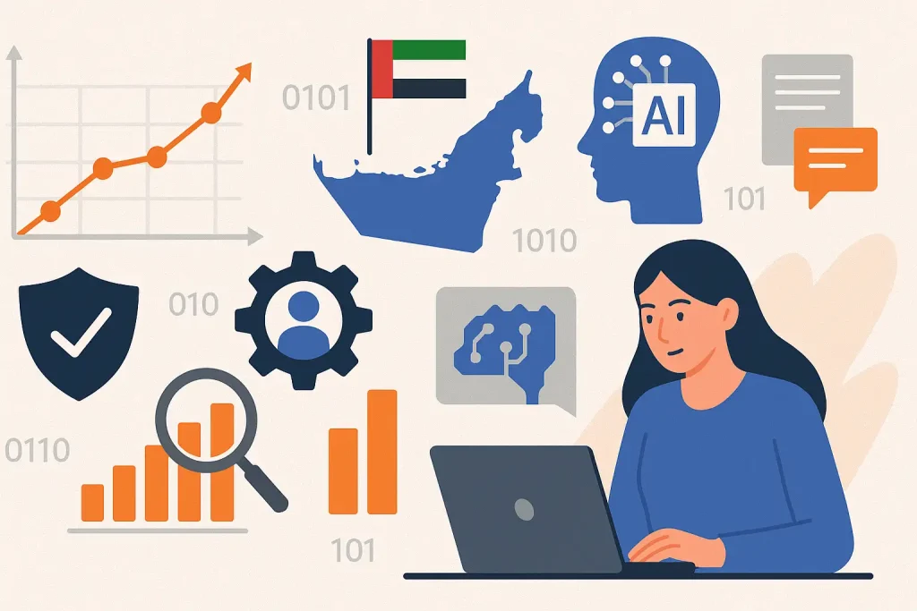 A flat-style digital illustration showing a professional woman working on a laptop, surrounded by visuals representing market growth, cybersecurity, artificial intelligence, data analysis, Arabic language, and the UAE map with its flag. Icons include a graph with an upward trend, AI brain, gear with a person, shield, magnifying glass over a bar chart, and a document symbol, all set against a light beige background.